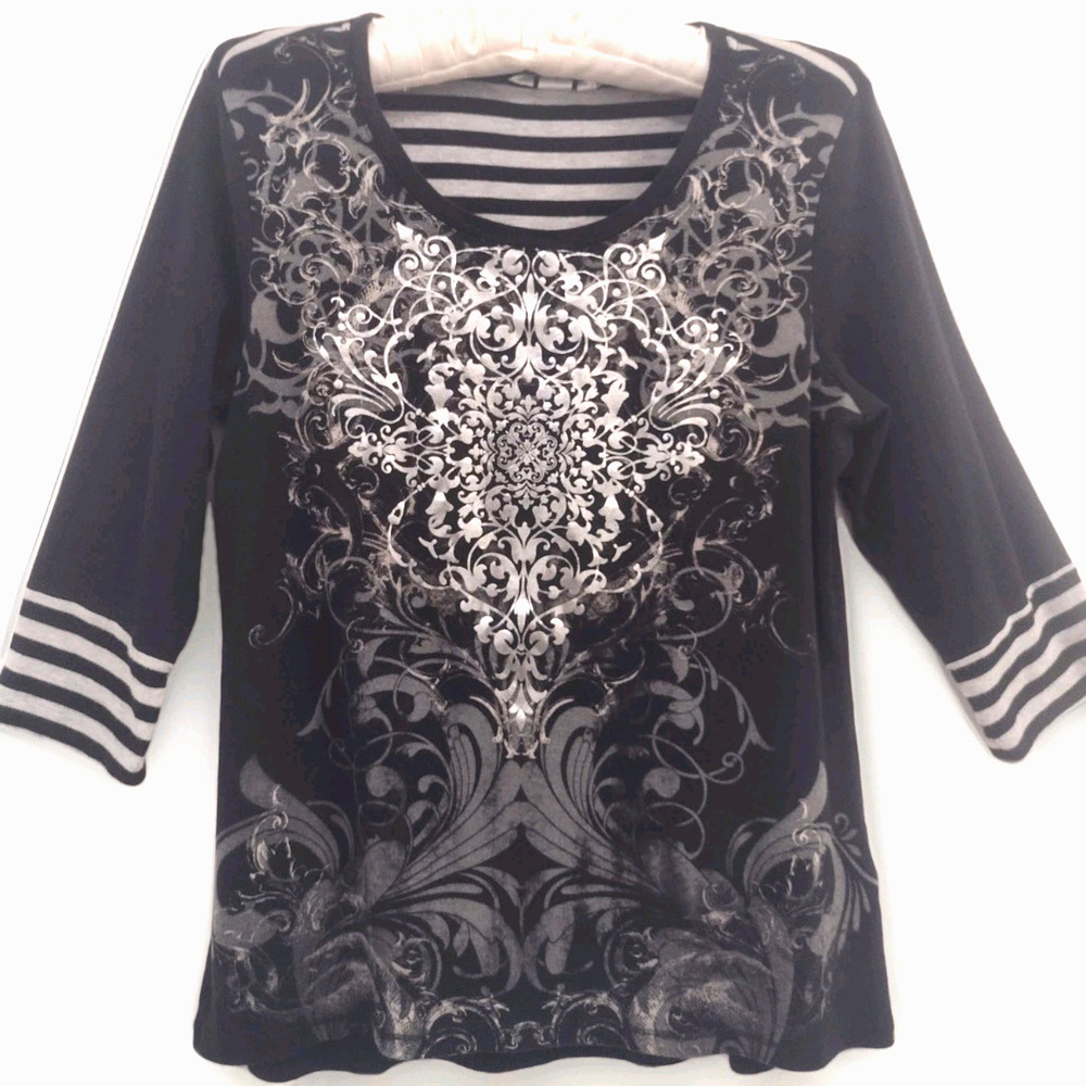 Christopher Banks Black Tee top Damask metallic Fairy core Whimsy Goth womans XL
